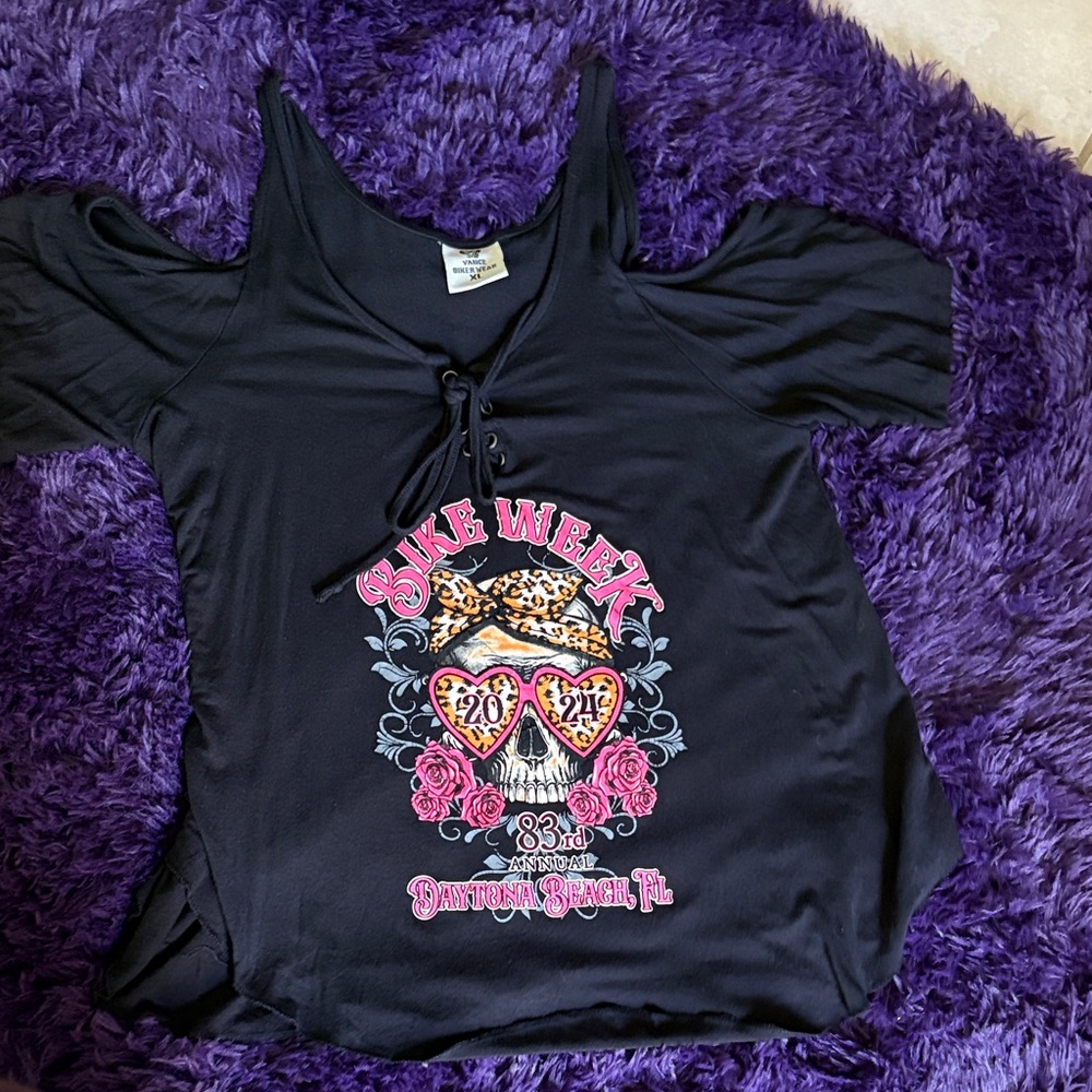 Black Graphic Cold Shoulder Bike Week Tee